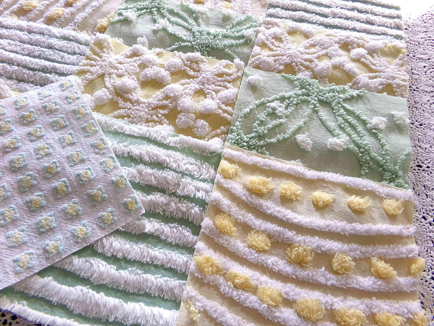 Fern & Flora Vintage Chenille Fabric Squares Set of 17 Blocks, 6" inch ea, Cheery Stripes, Dots Geometric Designs
