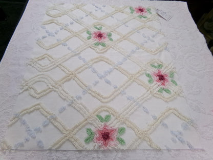 romantic cottage vintage chenille fabric, shabby floral sewing material, 20" x 26" piece