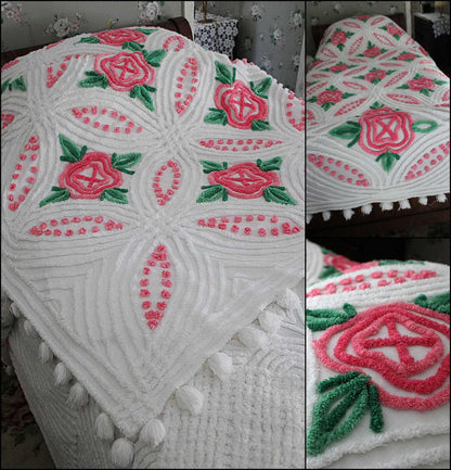 princess pink rose vintage chenille bedspread, cabbage roses on white with pom pom trim, 100% cotton full size cottage bedding
