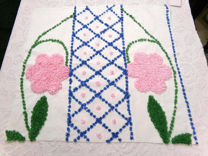 Vintage Chenille Bedspread Fabric White Pink Floral Blue Lattice Trellis Cottage 24x23"