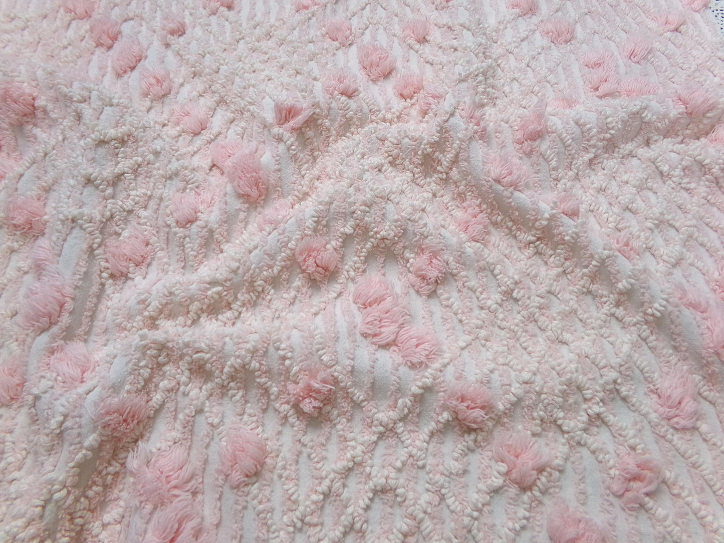 Blush Pink White Vintage Chenille Bedspread Fabric 18x24" Geometric Diamond Puffs