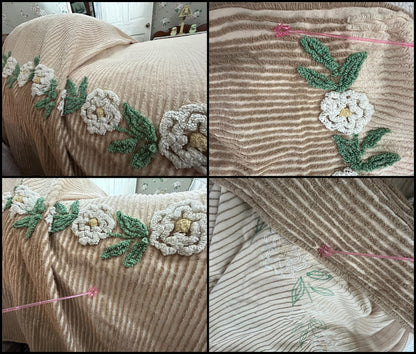 Vintage Chenille Bedspread Neutral Tan White Floral Rose Vine Cottage Farmhouse, FULL Sz