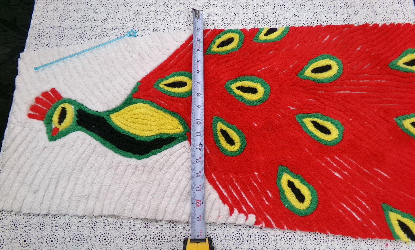 Red Peacock Vintage Chenille Fabric Piece, Plush Bird Design 13x39" Panel