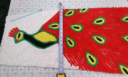 Red Peacock Vintage Chenille Fabric Piece, Plush Bird Design 13x39" Panel