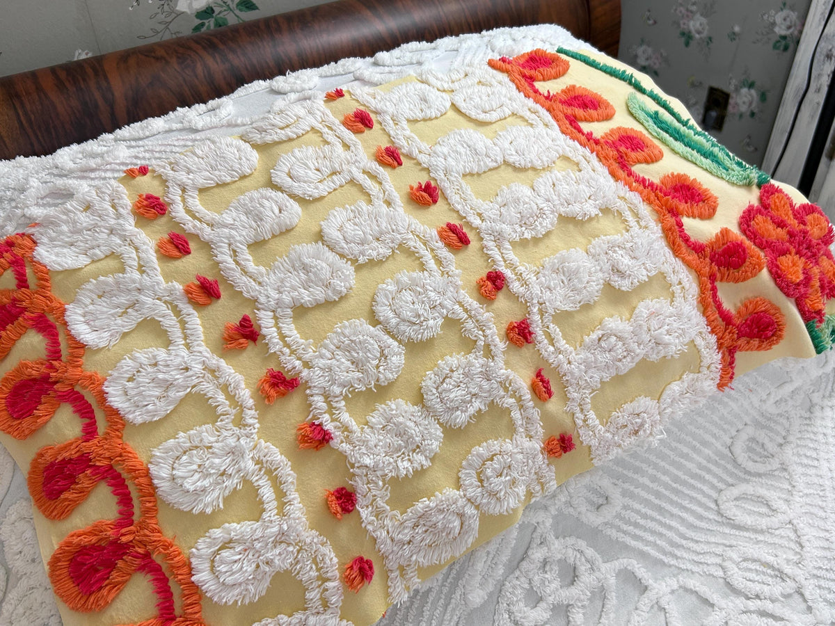 Happy Yellow Vintage Chenille Bedspread Fabric, Boho Red Flower Curlicues 13x25"