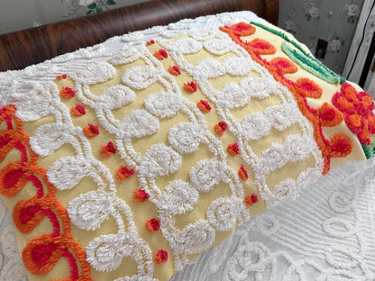Happy Yellow Vintage Chenille Bedspread Fabric, Boho Red Flower Curlicues 13x25"