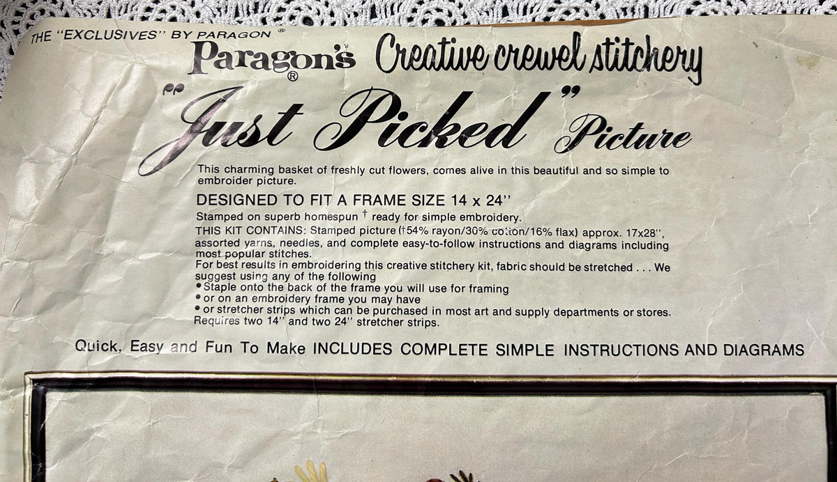 JUST PICKED Crewel Stitchery Kit Boho Floral Vintage Paragon 0725
