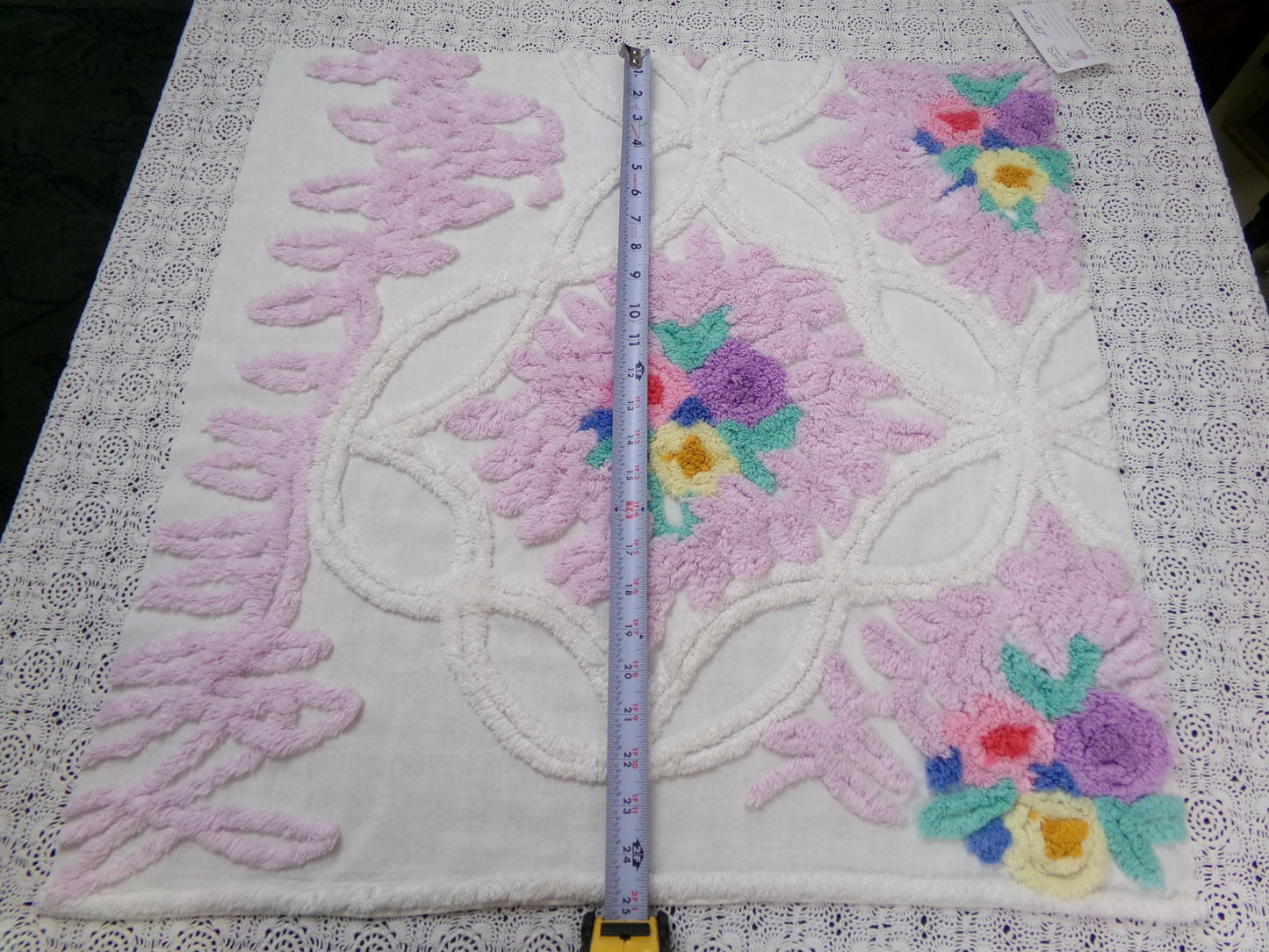 Lavender Floral Vintage Chenille Bedspread Fabric Piece 24x23" Sewing Material