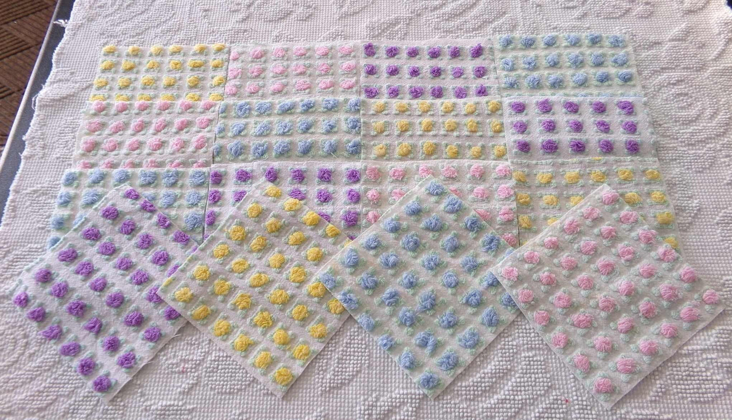 Premium Rosebuds Medley of chenille fabric squares, quilt square set cut from Vintage Chenille Bedspread Fabrics, 16 Blocks, 6" x 6" inch