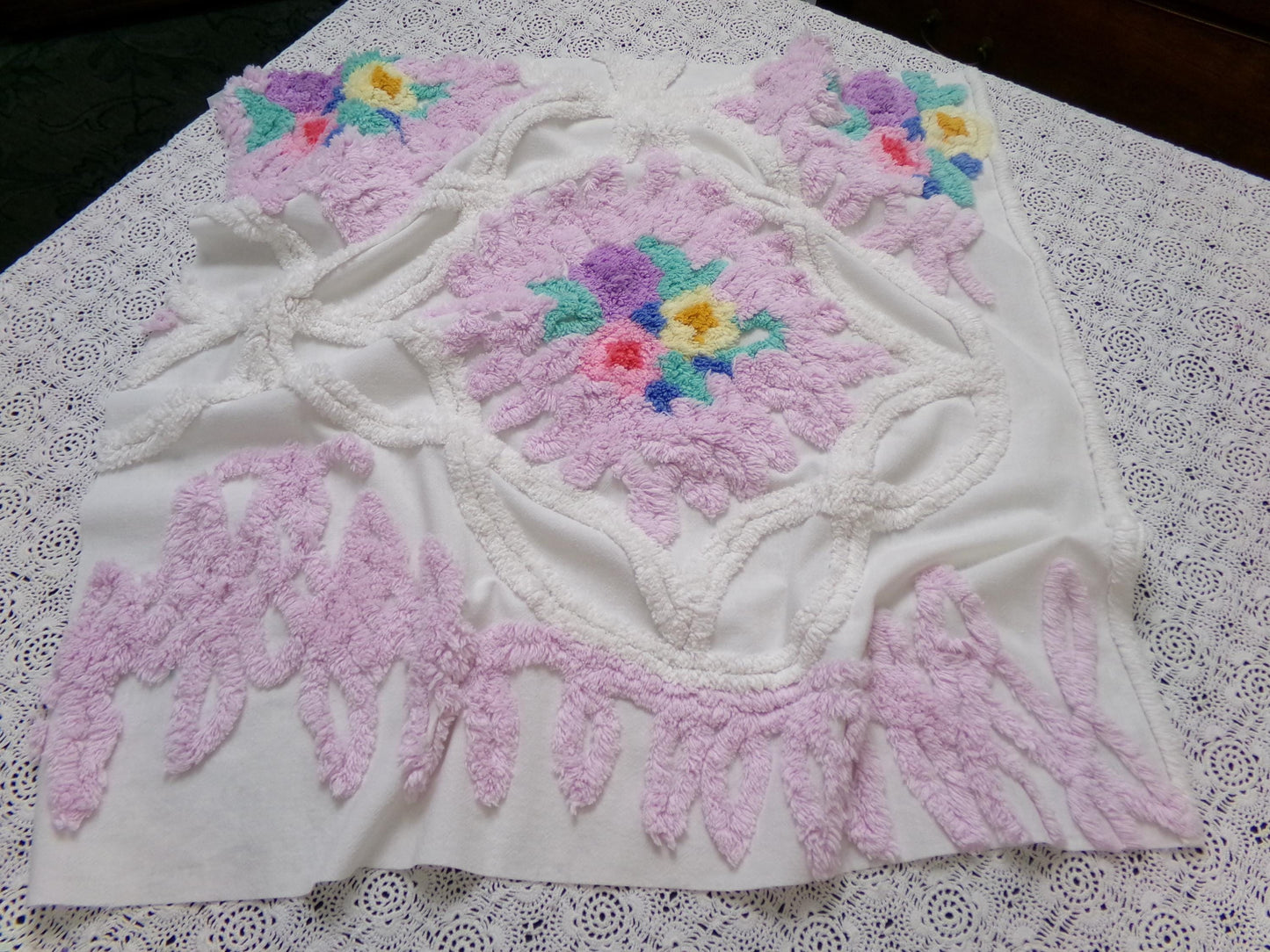 Lavender Floral Vintage Chenille Bedspread Fabric Piece 24x23" Sewing Material