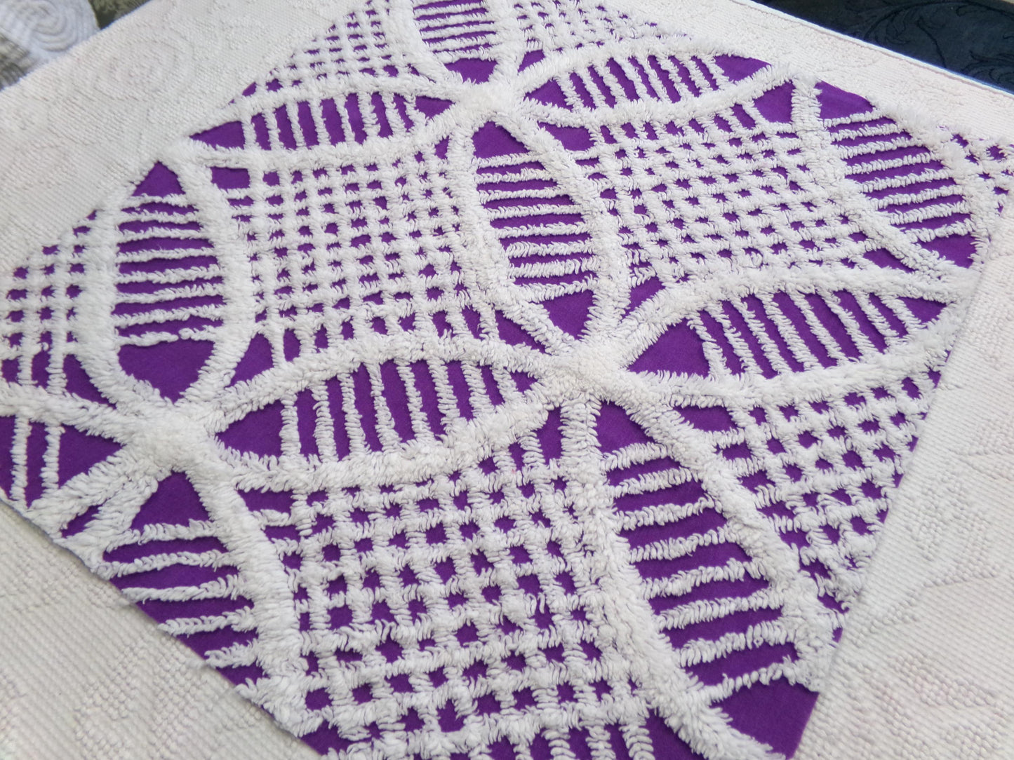 Vintage Chenille Fabric, 21" x 20" inch Piece, Snow White Geometric Design on Grape Purple
