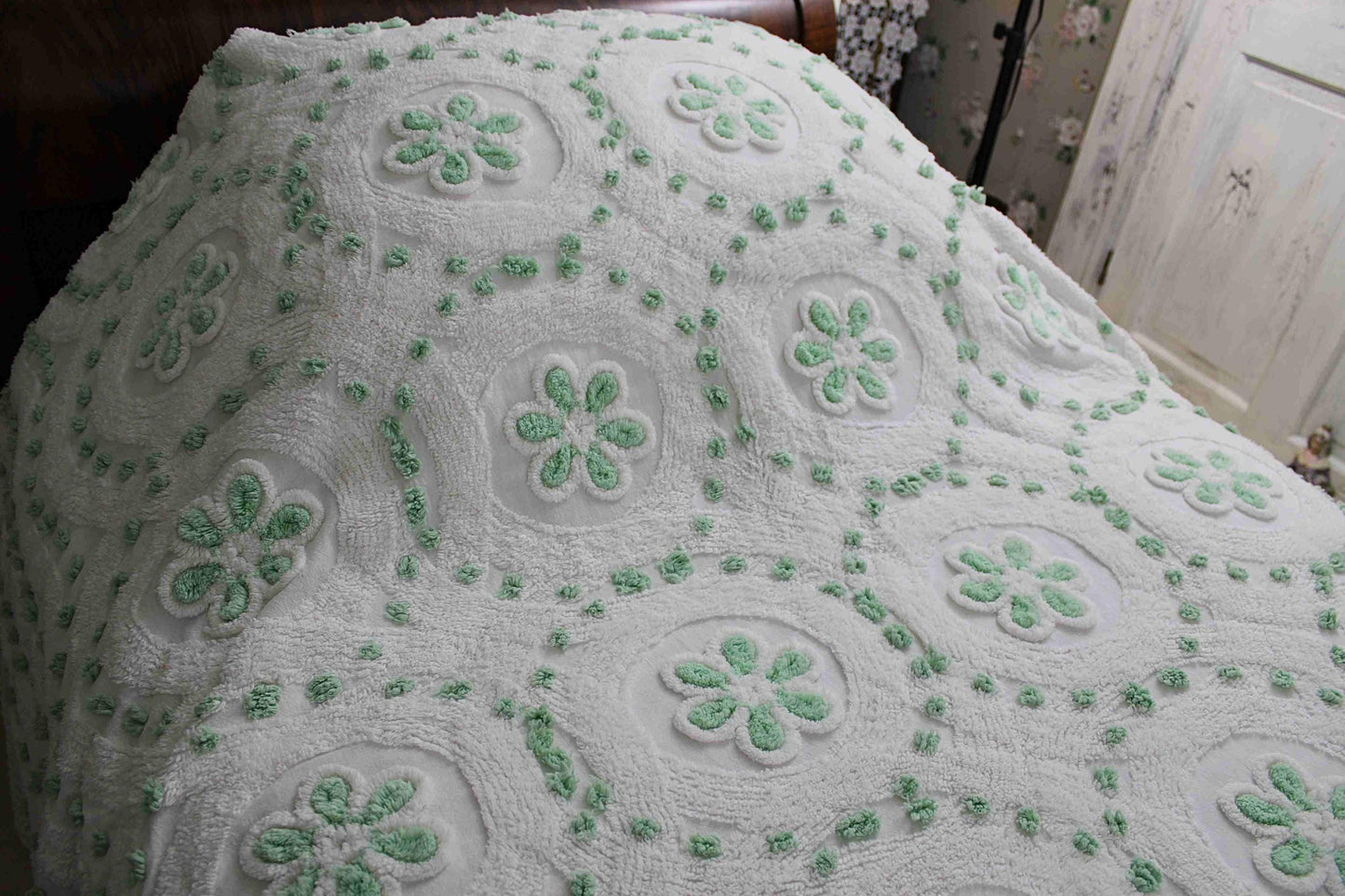 Twin Vintage Chenille Bedspread, Lucky Shamrock Green Flower Circles on White Coverlet