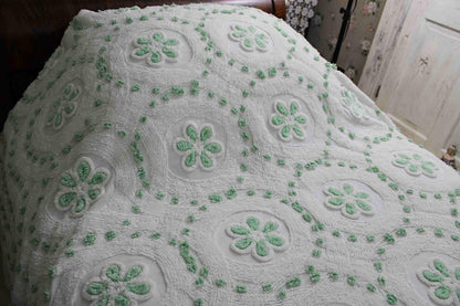 Twin Vintage Chenille Bedspread, Lucky Shamrock Green Flower Circles on White Coverlet