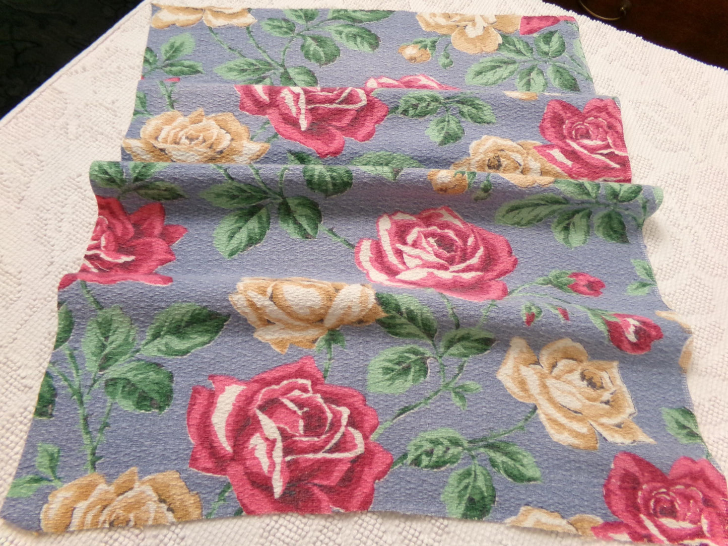 Vintage Rose Barkcloth Fabric, Pink Gold Blooms Blue Background 16" x 27"