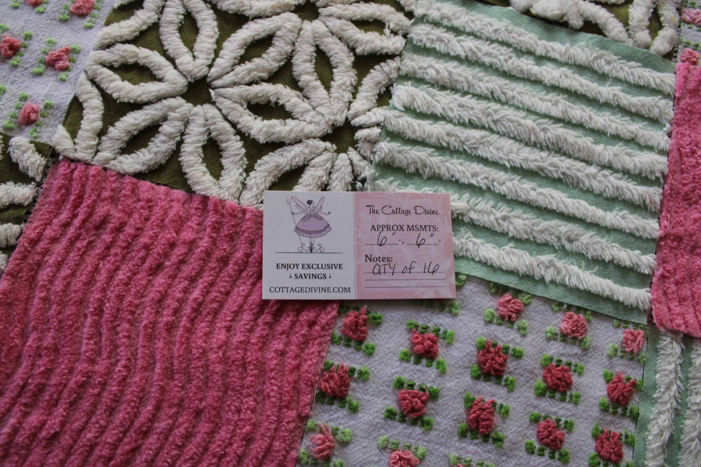 boho daisy rose vintage 6" chenille fabric squares, set of 16 textured quilt blocks in olive green, rosy pinks & white for sewing, crafts