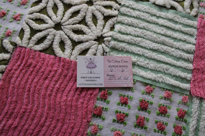 boho daisy rose vintage 6" chenille fabric squares, set of 16 textured quilt blocks in olive green, rosy pinks & white for sewing, crafts