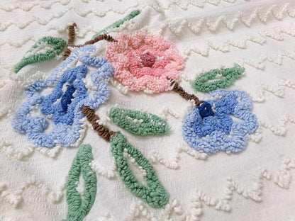 Vintage Chenille Fabric, Tufted Floral Bouquet on Cotton Seersucker, 19x26"