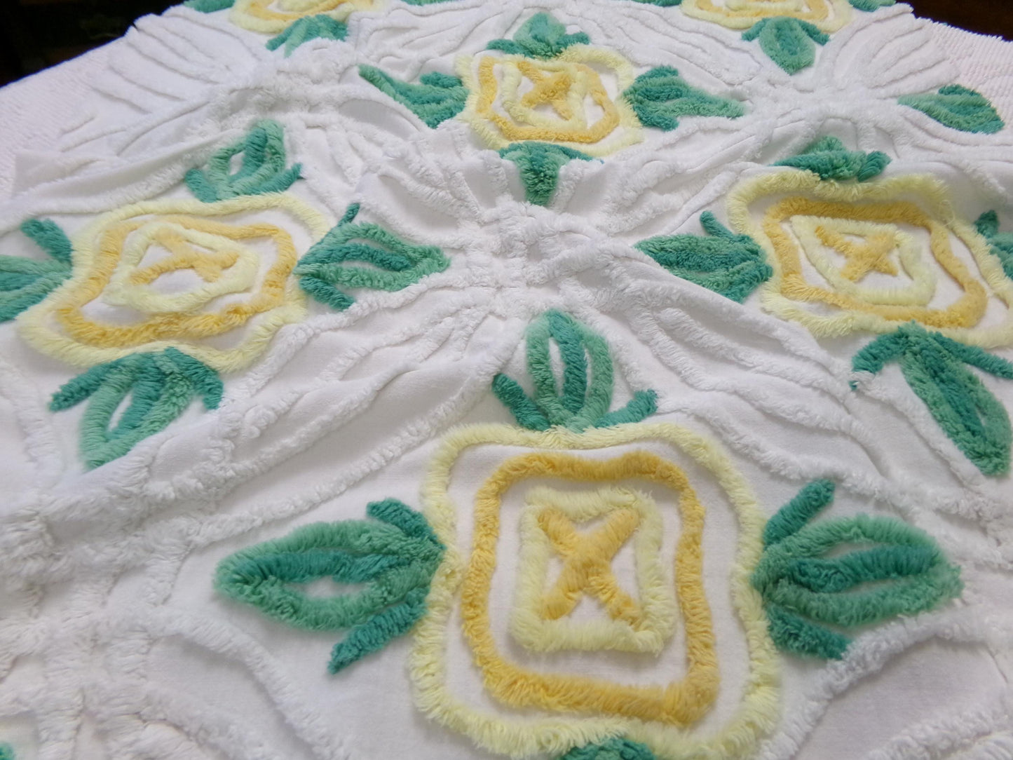yellow cabbage rose vintage chenille bedspread fabric, cottage charm quilt material, 23" x 25" piece