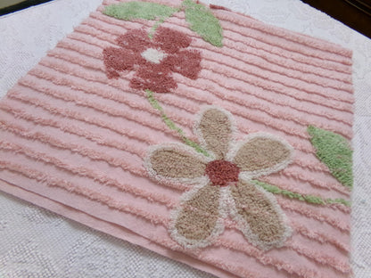 pink vintage chenille bedspread fabric, rambling floral vine sewing craft material 19" x 36"