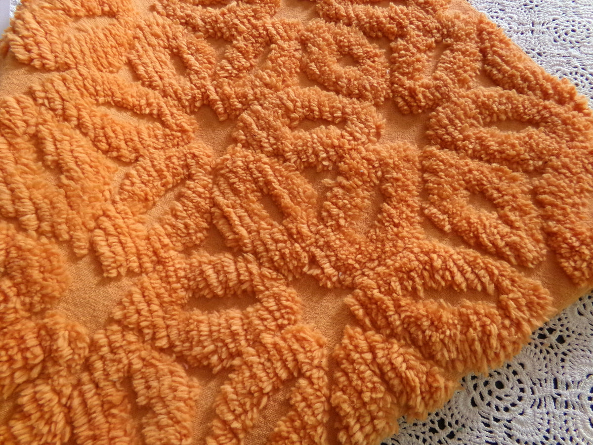 Orange Daisy Vintage Chenille Fabric 17x24" Pc, 1970s Flower Power Boho Style