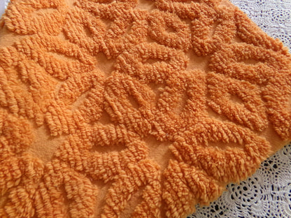 Orange Daisy Vintage Chenille Fabric 17x24" Pc, 1970s Flower Power Boho Style