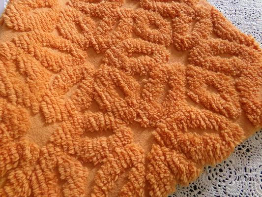 Orange Daisy Vintage Chenille Fabric 17x24" Pc, 1970s Flower Power Boho Style