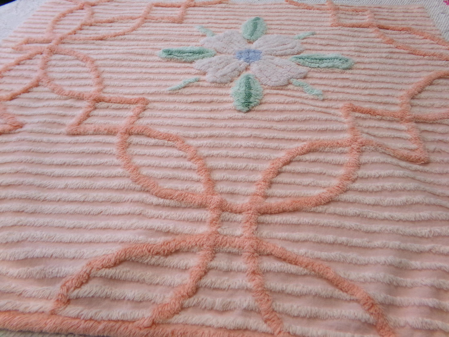 peach lily vintage chenille fabric w/ striking geometric accents, 20" x 24" piece of sewing material