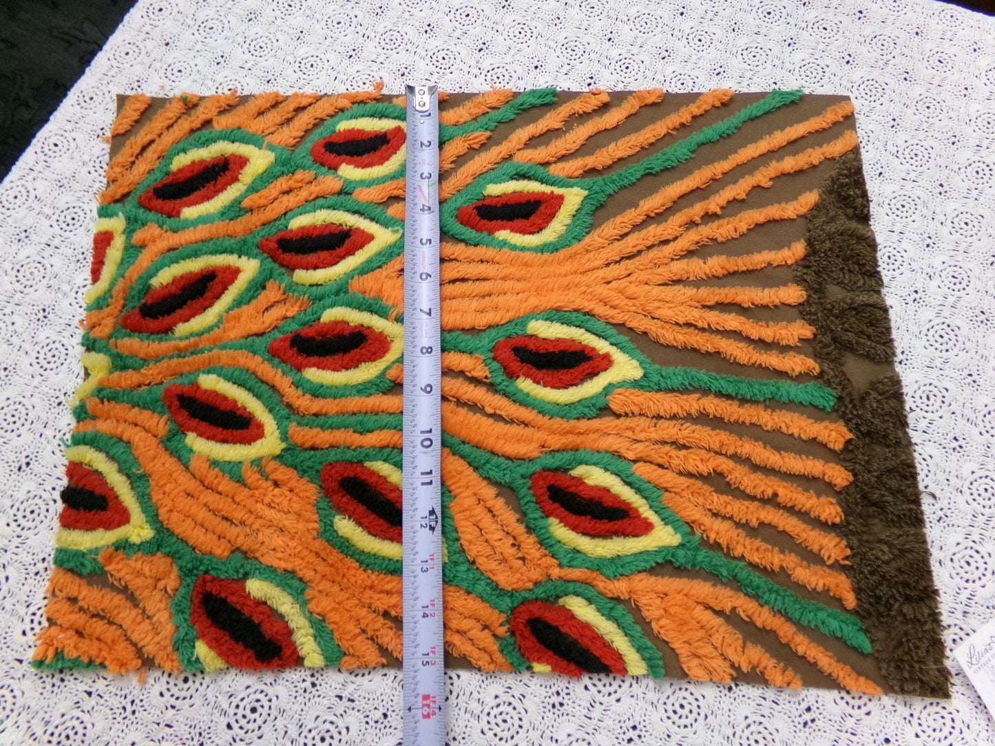 peacock feathers vintage chenille bedspread fabric boho exotic plumes brown orange 14.5x19.5"