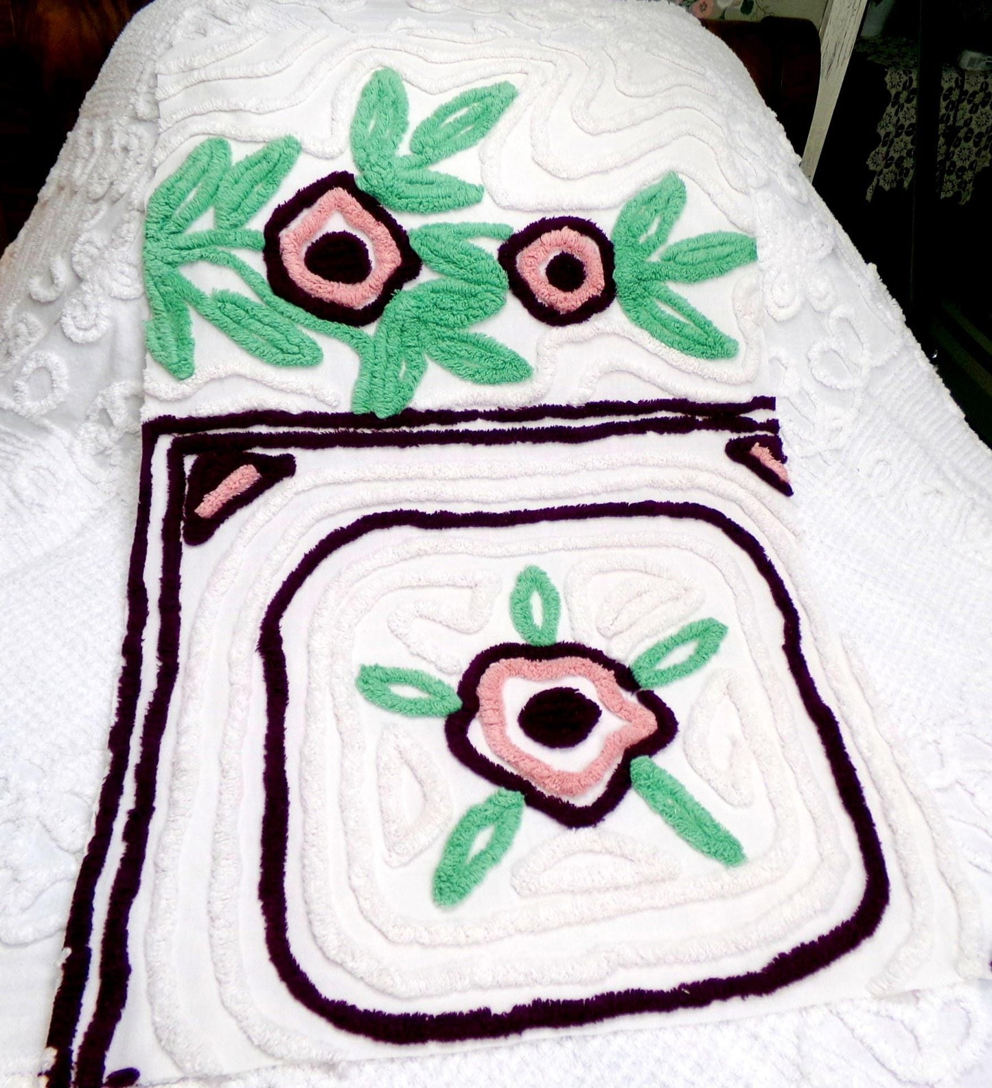 Vintage Chenille Fabric, Shabby Berry Mauve Blooms 19" x 30" Piece Sewing Craft Material