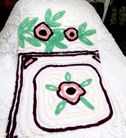 Vintage Chenille Fabric, Shabby Berry Mauve Blooms 19" x 30" Piece Sewing Craft Material