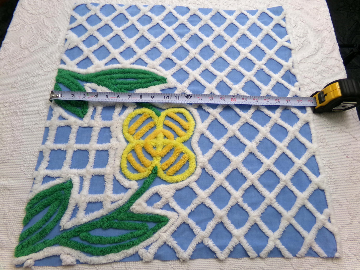 Vintage Blue Chenille Fabric, Yellow Flower on White Terrace Tuft, 22" x 23.5" Piece Sewing Quilt Material