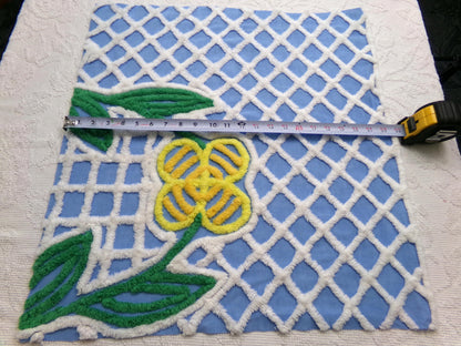 Vintage Blue Chenille Fabric, Yellow Flower on White Terrace Tuft, 22" x 23.5" Piece Sewing Quilt Material