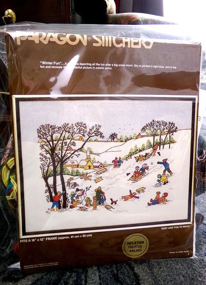 WINTER FUN Crewel Embroidery Kit, Vintage Paragon Needlecraft 0926, Snow Scene Wall Art