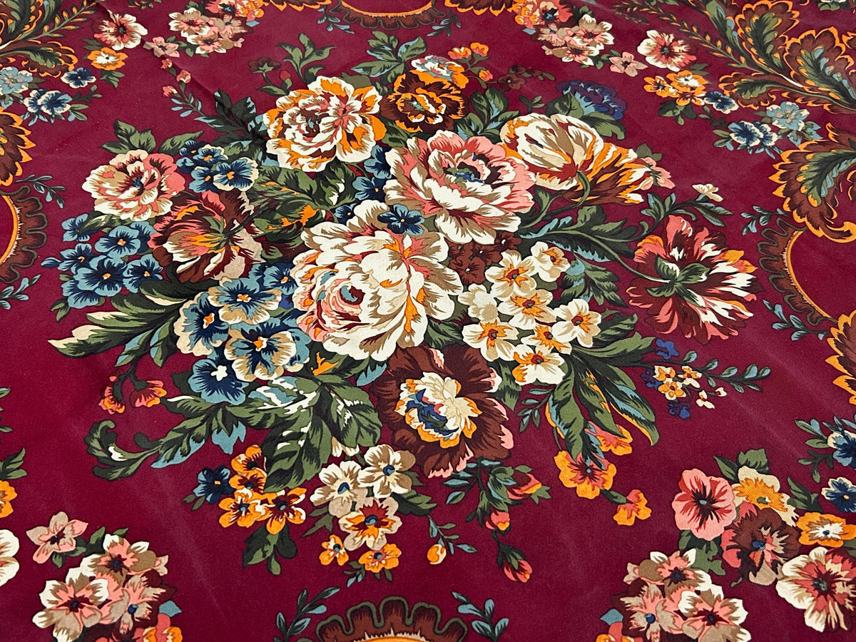 Vintage Ralph Lauren Silk Square Scarf Burgundy Floral Baroque Elegance Japan