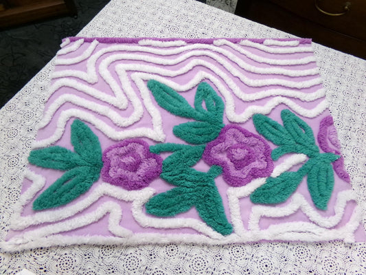 Violet Roses Vintage Chenille Bedspread Fabric 18x23" Sweeping White Waves
