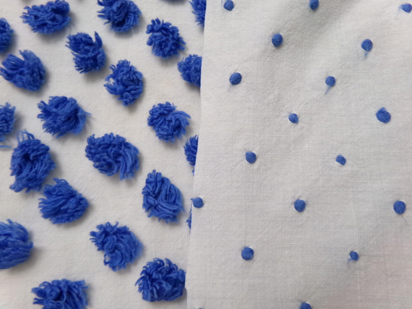 royal blue pops vintage chenille bedspread fabric handtufted white cotton 20x24"