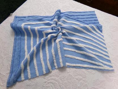 vintage chenille bedspread fabric, blue & white wave design, 27" x 19"