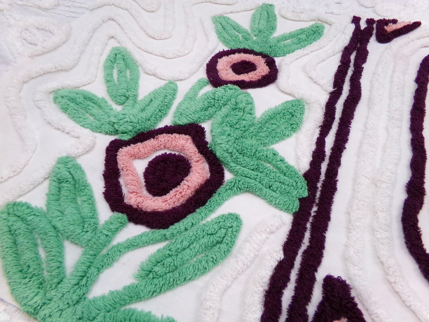 Vintage Chenille Fabric, Shabby Berry Mauve Blooms 19" x 30" Piece Sewing Craft Material