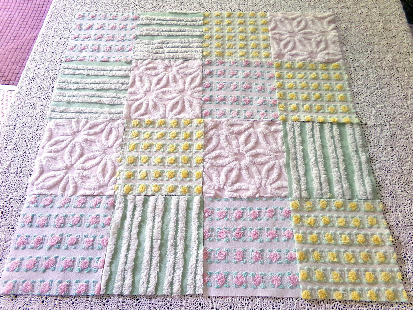 Chenille Squares Set, "Spring Bliss," 16 Vintage Fabric Quilt Blocks, 6" inch in White Daisy, Pink & Yellow Rosebud, Mint Green