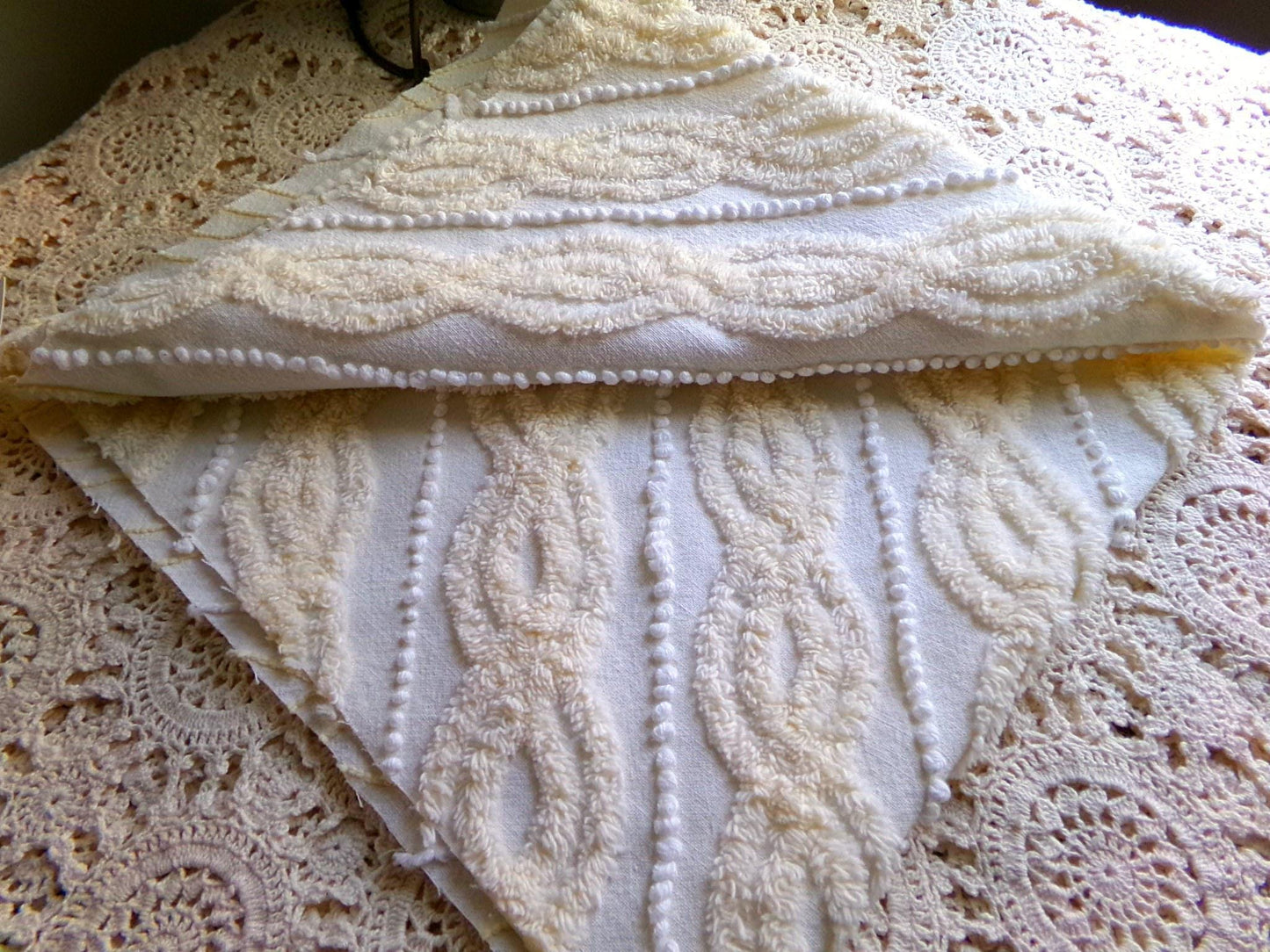 elegant infinity tuft vintage chenille fabric with little pearl pops in warm buttercream, 20" x 22" inch piece of sewing material