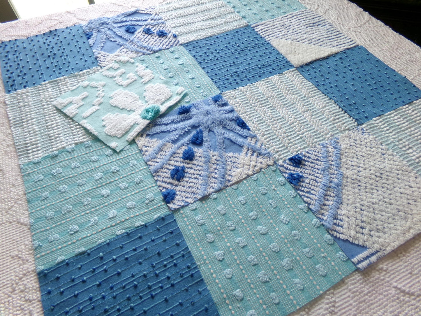 coastal fresh vintage chenille fabric squares, set of 17 blue & aqua 6" quilt blocks for sewing
