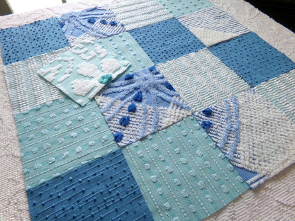 coastal fresh vintage chenille fabric squares, set of 17 blue & aqua 6" quilt blocks for sewing