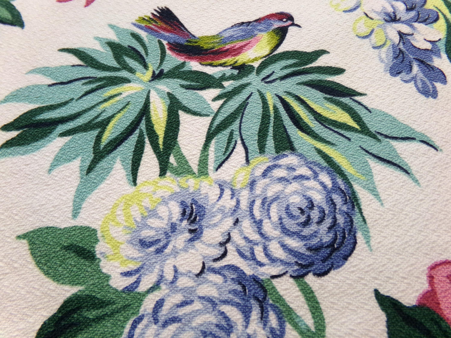 Vintage Barkcloth Fabric 22 x 22" Botanical Floral Exotic Birds Rose Peony Chinoiserie Mid Century