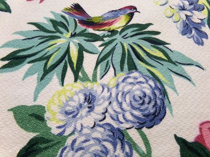 Vintage Barkcloth Fabric 22 x 22" Botanical Floral Exotic Birds Rose Peony Chinoiserie Mid Century