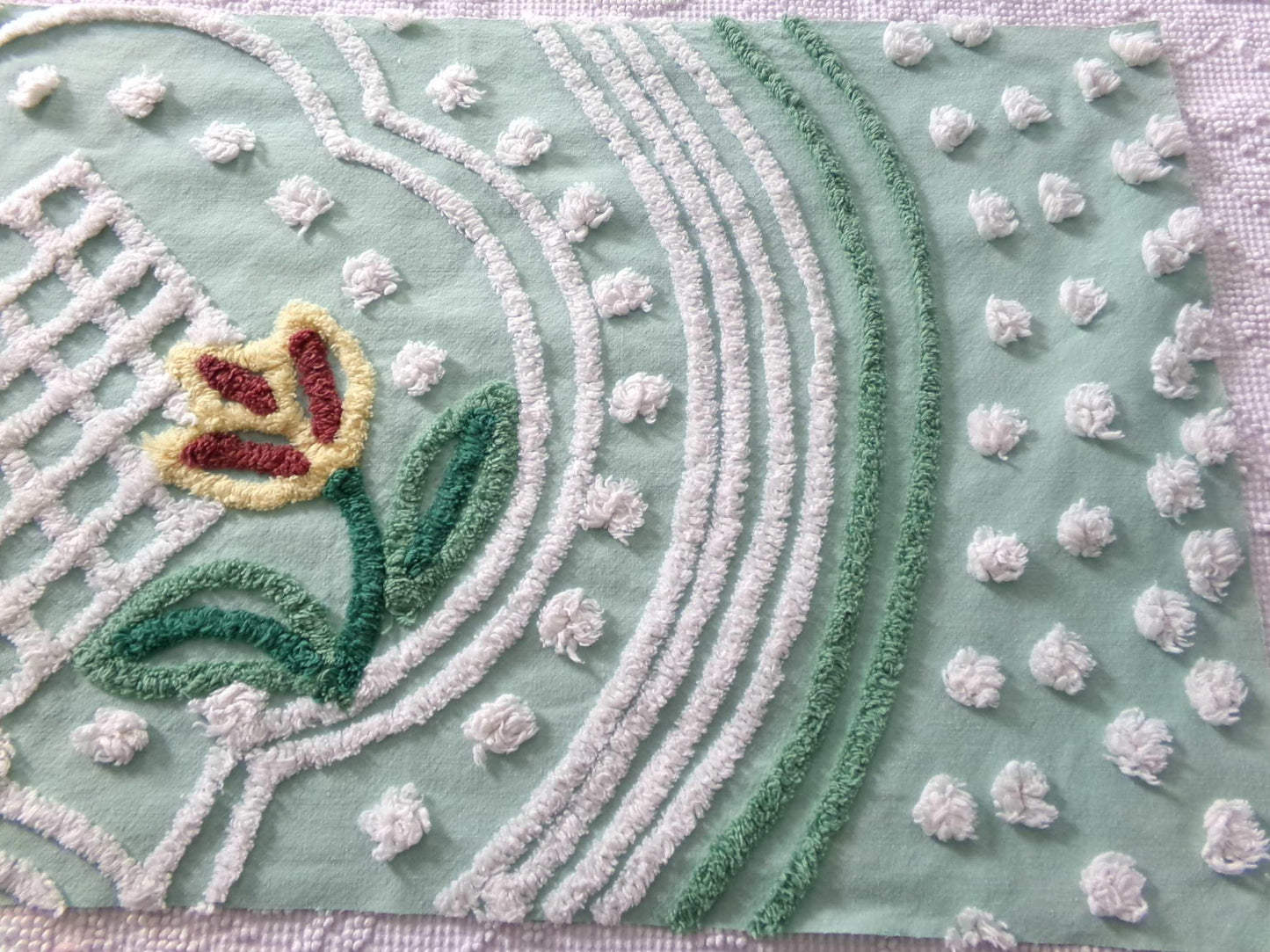 springtime tulip vintage chenille fabric, mint green floral cotton sewing material, 13" x 23" inch piece