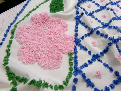 Vintage Chenille Bedspread Fabric White Pink Floral Blue Lattice Trellis Cottage 24x23"