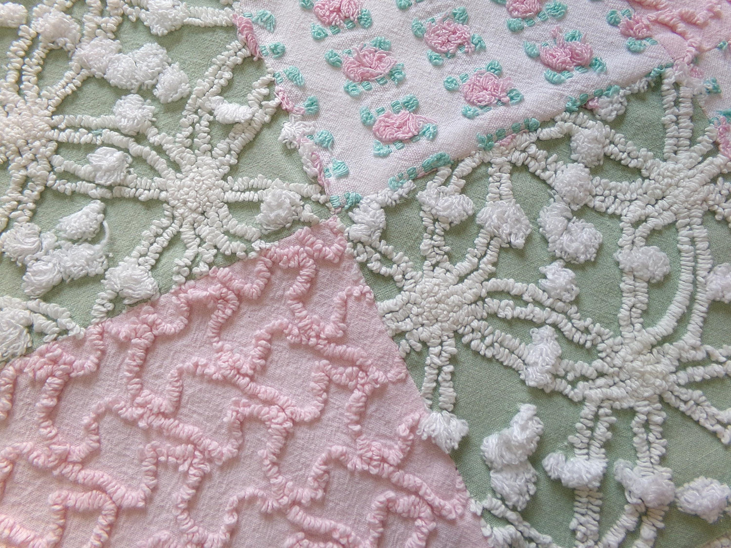 Vintage Patchwork Chenille Fabric Craft Panel, 16" Square, Cottage Style DIY Pillows