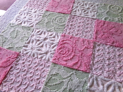 Flower Lady Vintage Chenille Squares, 16 Quilt Blocks, 6" inch in Sage Green, Petal Pink & Rose, from Chenille Bedspread Fabrics