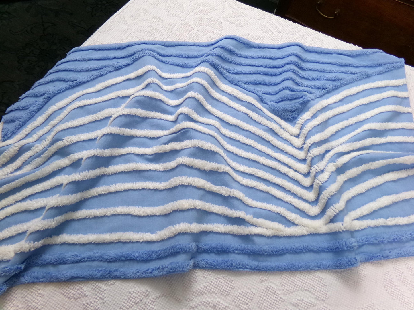 Vintage Chenille Fabric Piece, White Waves on Blue, 18" x 33" Sewing Material