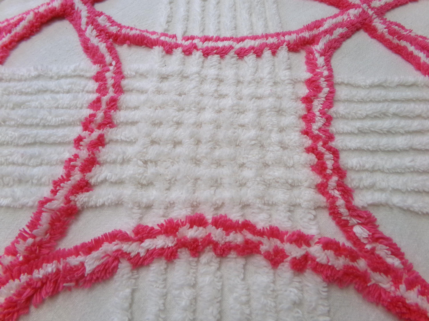 Vintage Hot Pink White Chenille Fabric: Geometric Pattern Retro Mid Century Textile Craft Quilting Supplies, 20" x 25" Piece